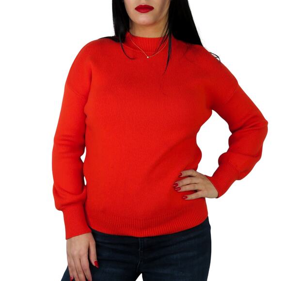 1980s Vintage Zeagoo Orange Red Scarlett High Neck Knit Sweater Small Retro - Picture 7 of 7